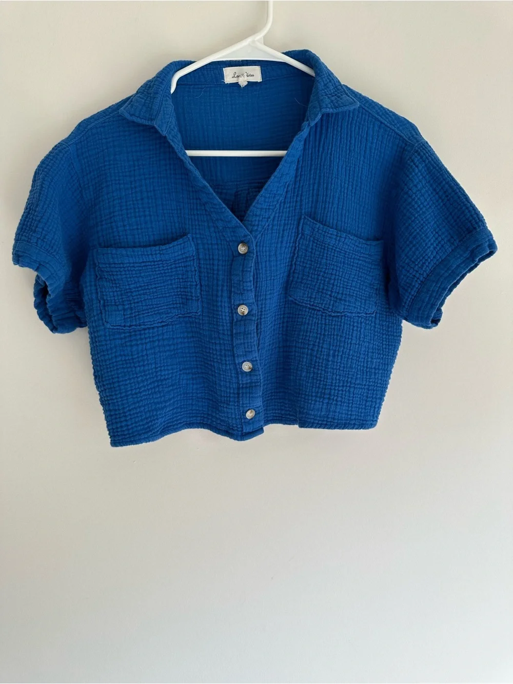 Love Notes Blue Cropped Button-Front Gauze Top